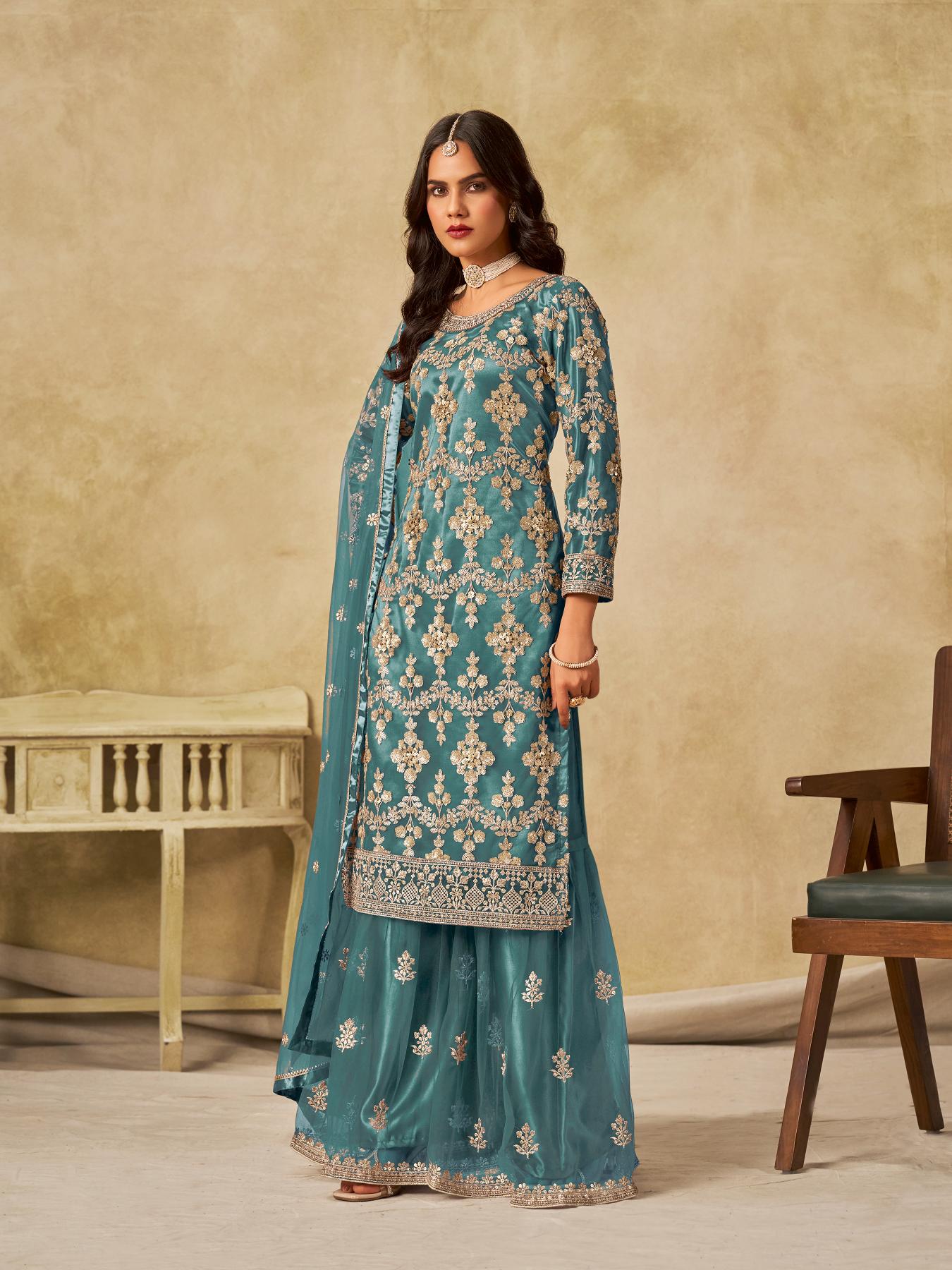 Sea Green Net Palazzo Suits — alternate view