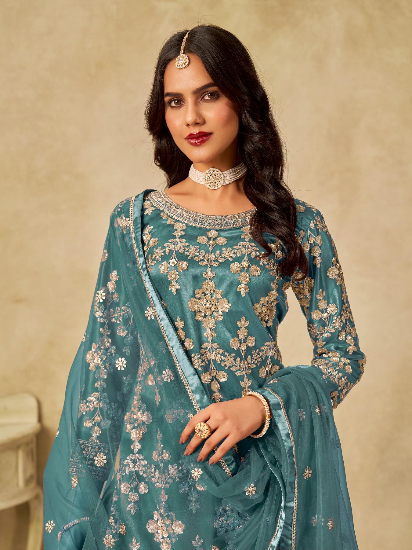 Sea Green Net Palazzo Suits