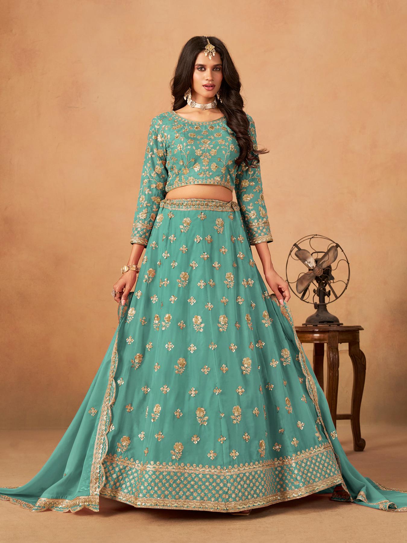 Sea Green Organza Semi-Stitched Lehenga Choli