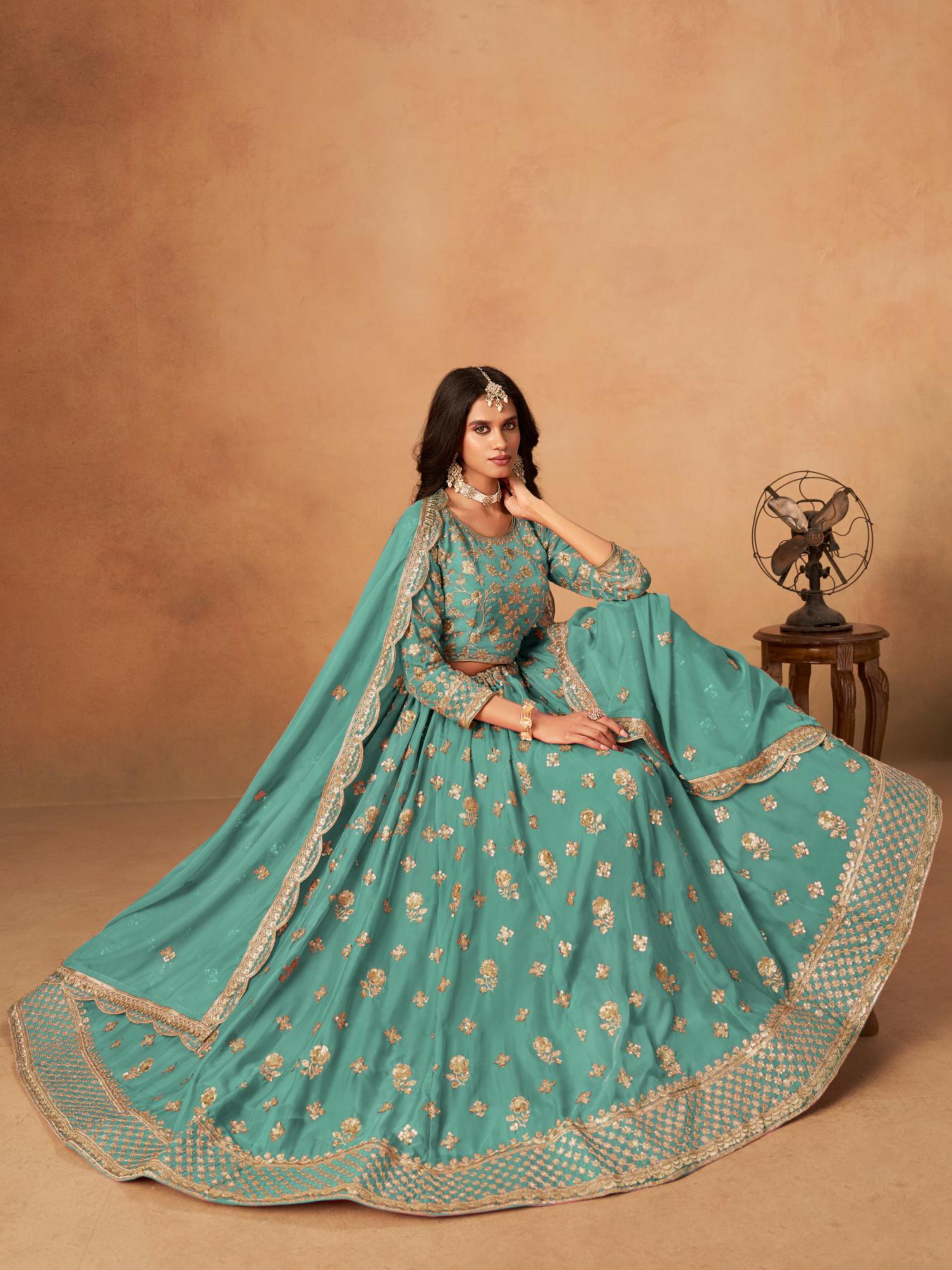 Sea Green Organza Semi-Stitched Lehenga Choli