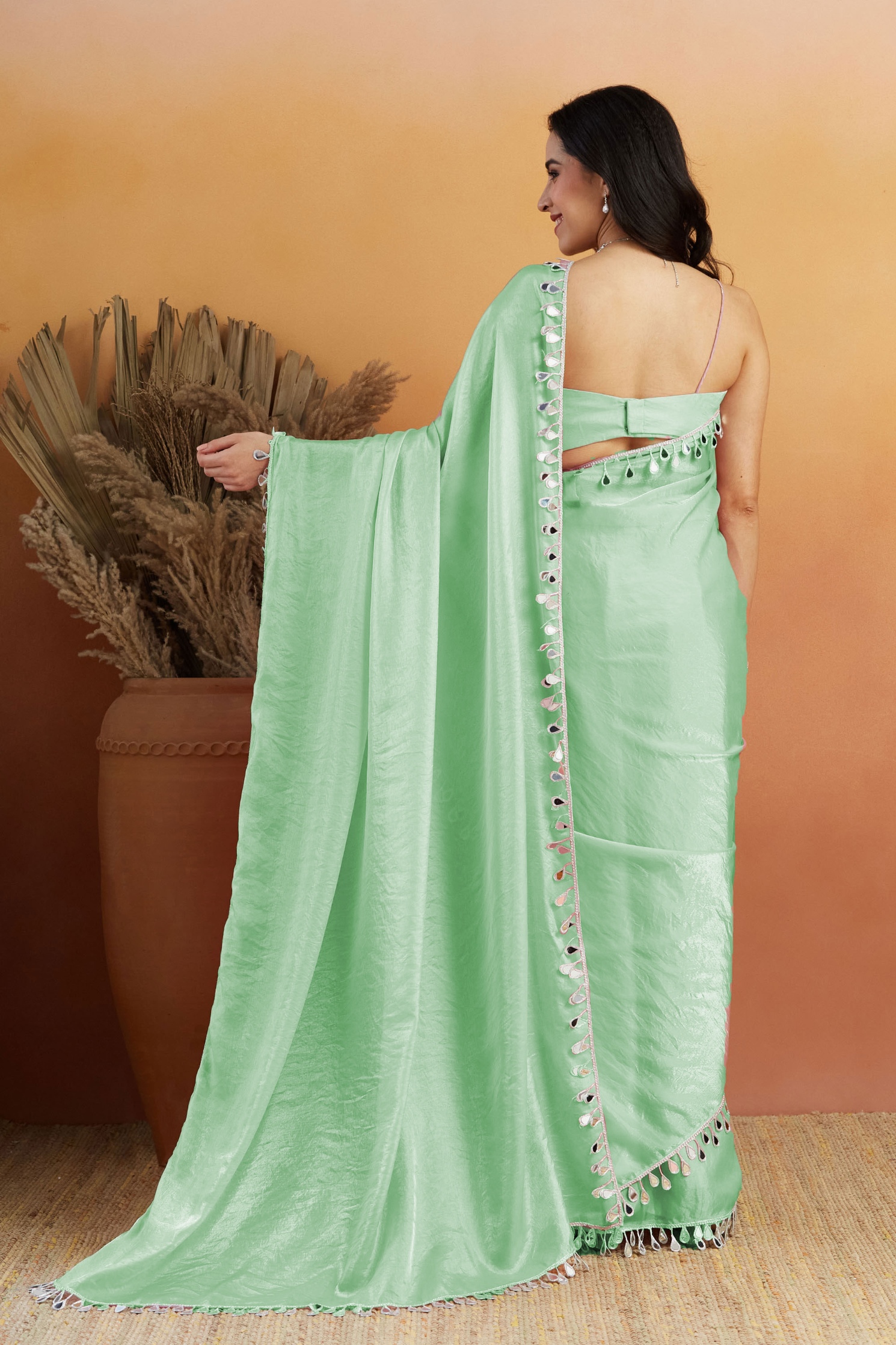 Sea Green Paisley Lace Ready To Wear Saree — alternate view