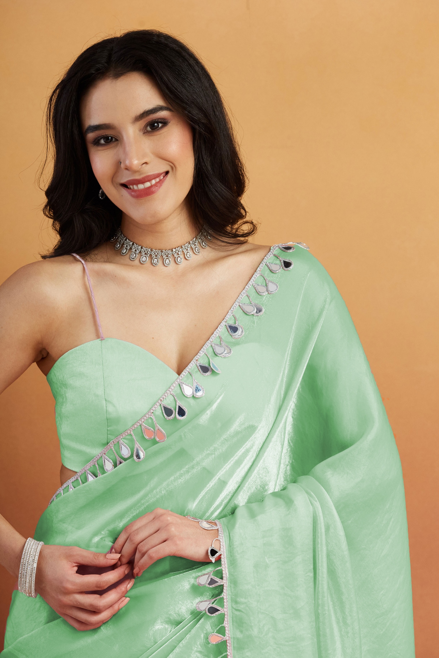 Sea Green Paisley Lace Ready To Wear Saree
