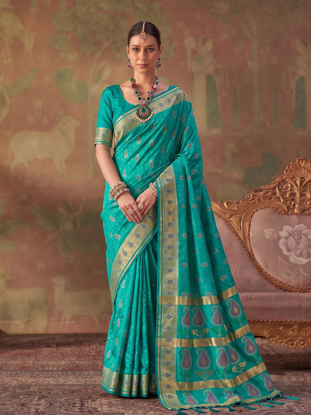 Sea Green Paisley Woven Soft Silk Saree