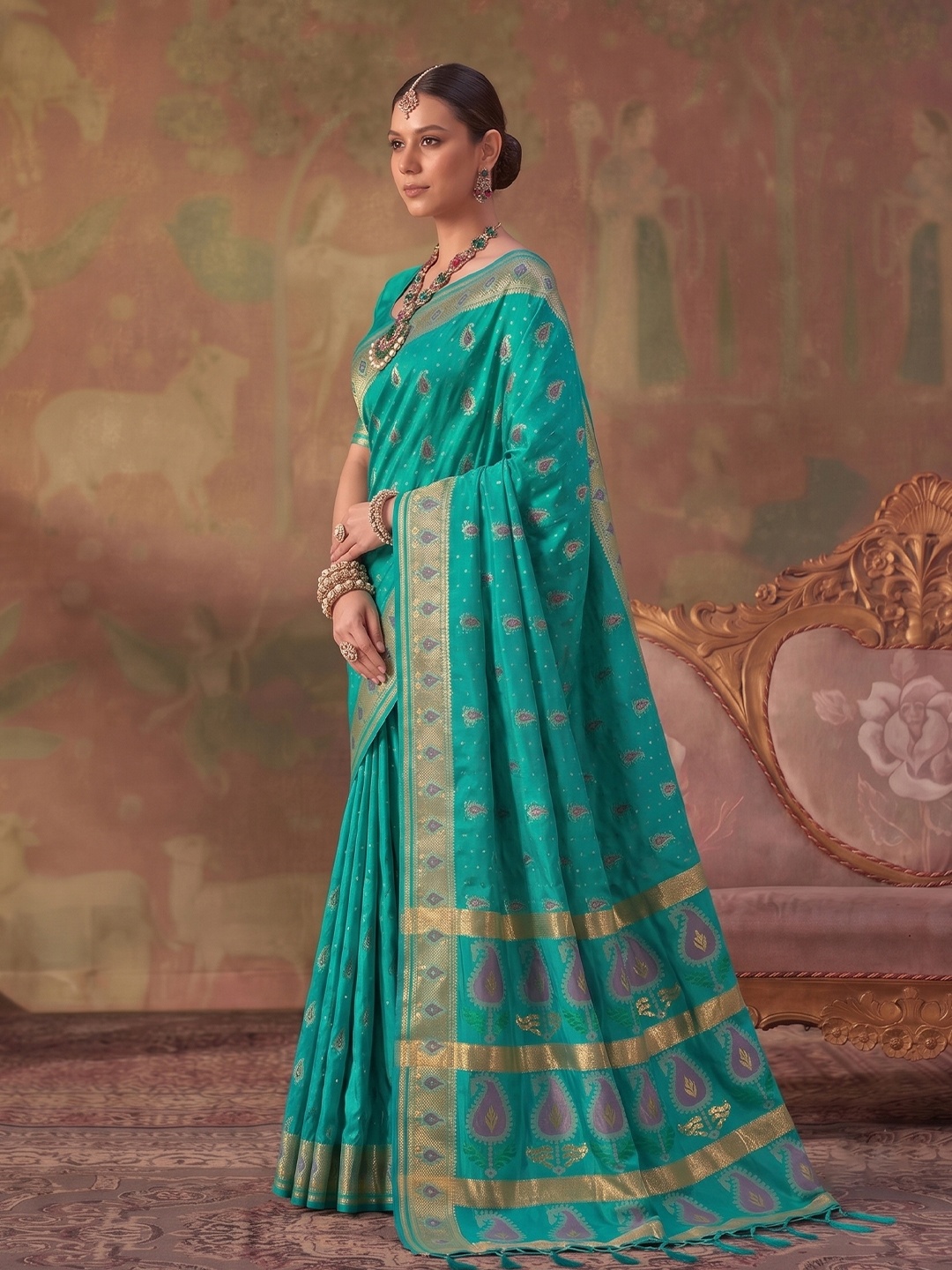 Sea Green Paisley Woven Soft Silk Saree