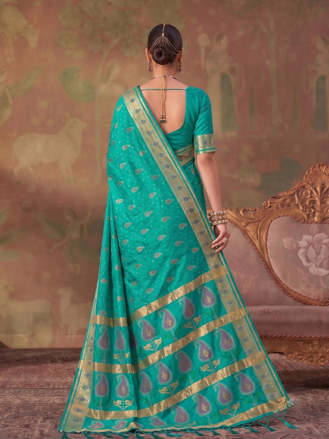 Sea Green Paisley Woven Soft Silk Saree
