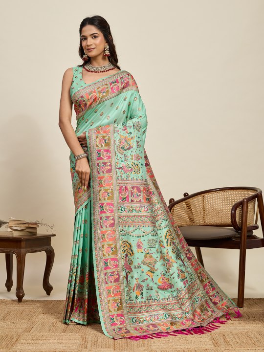 Sea Green Pashmina Silk Meenakari Designer Saree