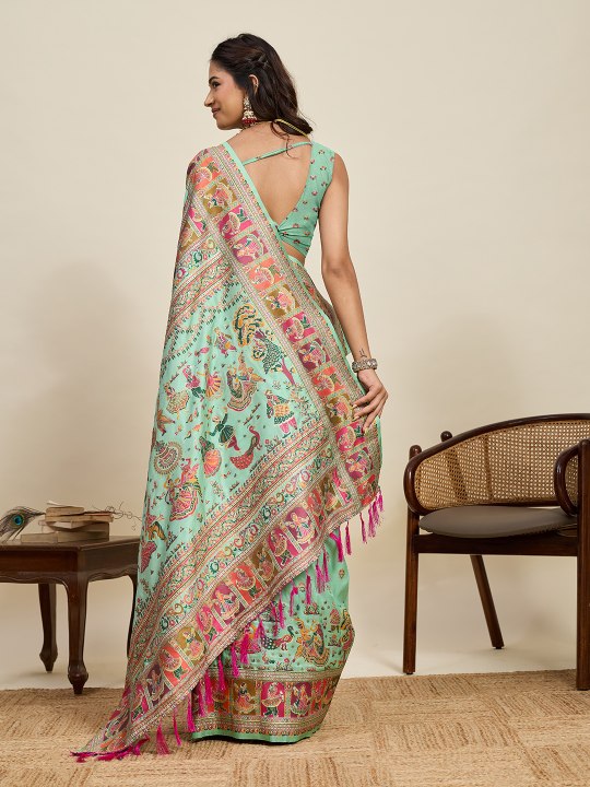 Sea Green Pashmina Silk Meenakari Designer Saree — alternate view