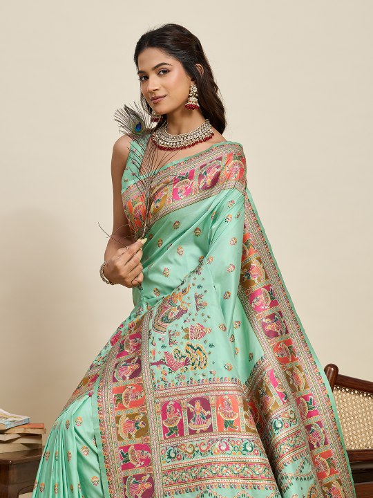 Sea Green Pashmina Silk Meenakari Designer Saree