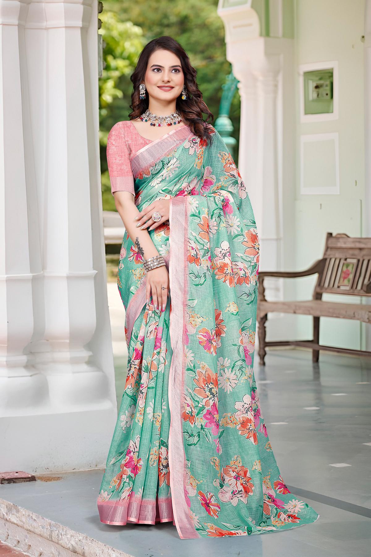Sea Green Pink Linen Cotton Saree