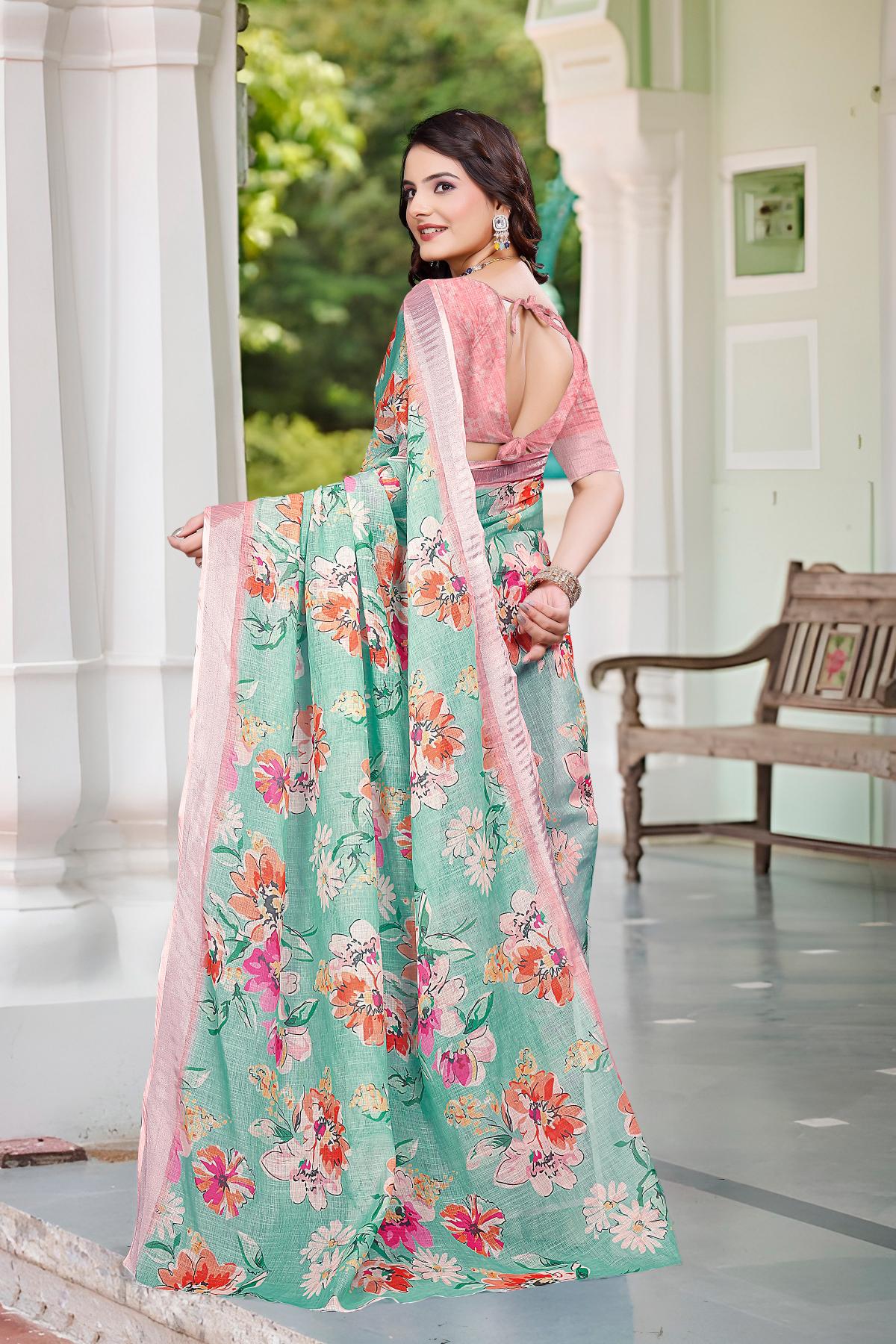 Sea Green Pink Linen Cotton Saree — alternate view