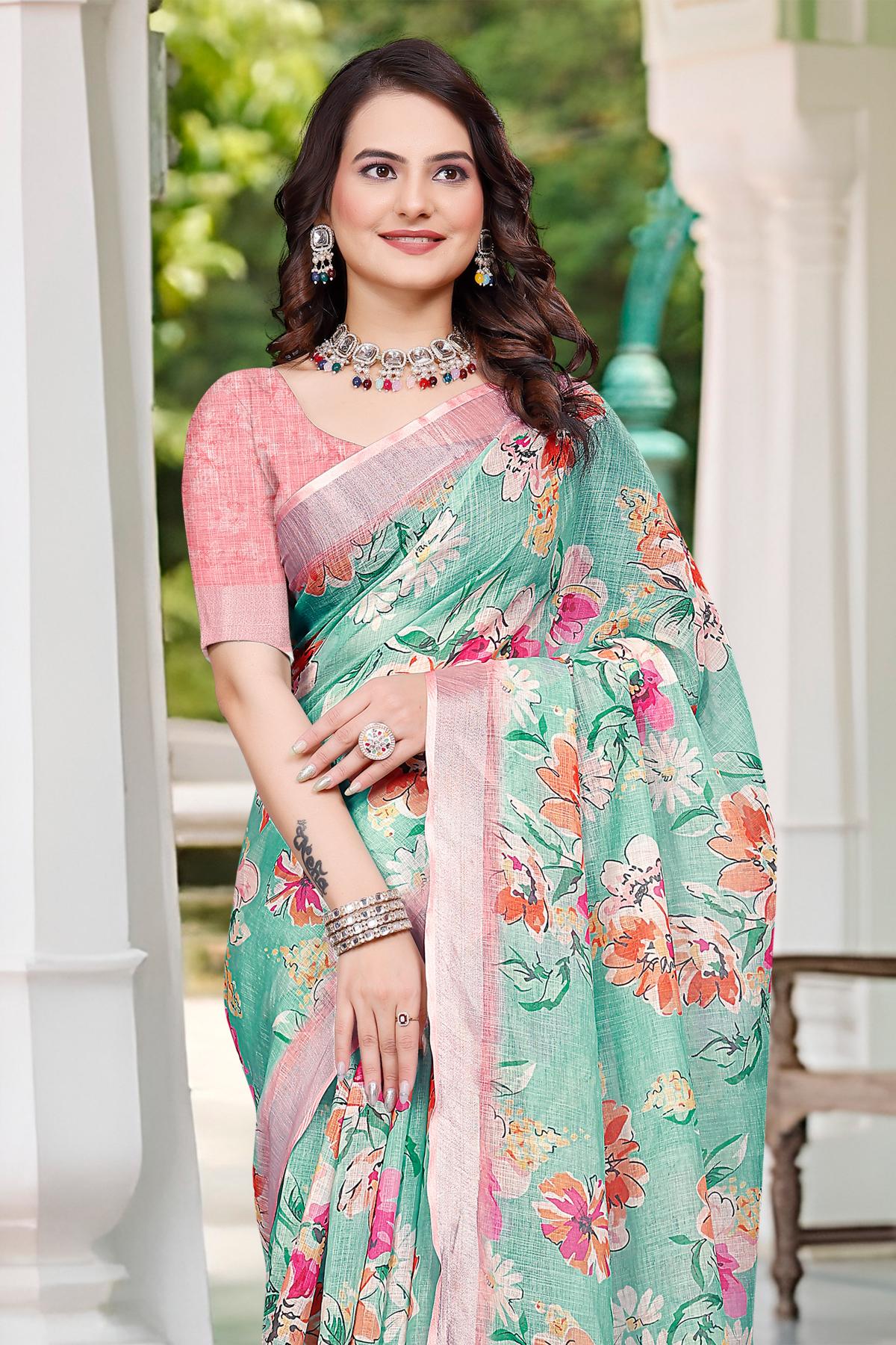 Sea Green Pink Linen Cotton Saree
