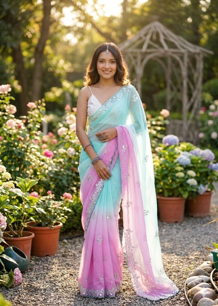 Sea Green-Pink Pixel Crush Saree