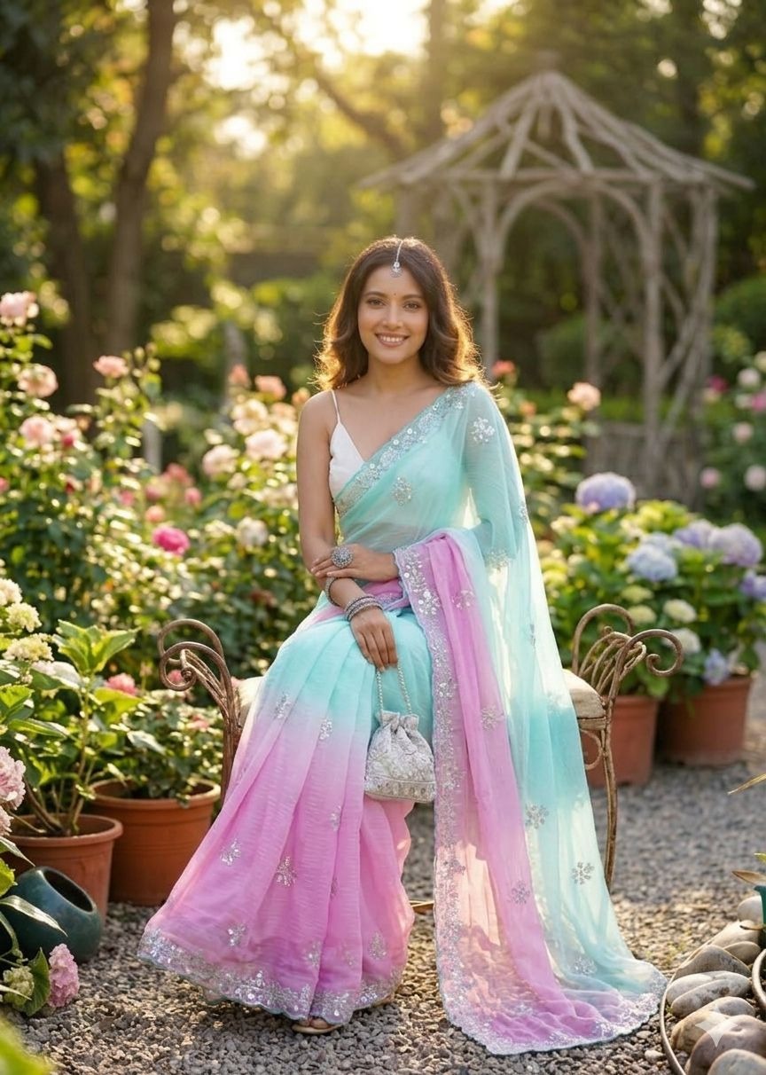 Sea Green-Pink Pixel Crush Saree