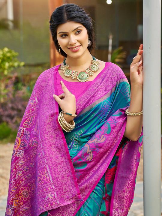 Sea Green Pink Soft Silk Saree — alternate view