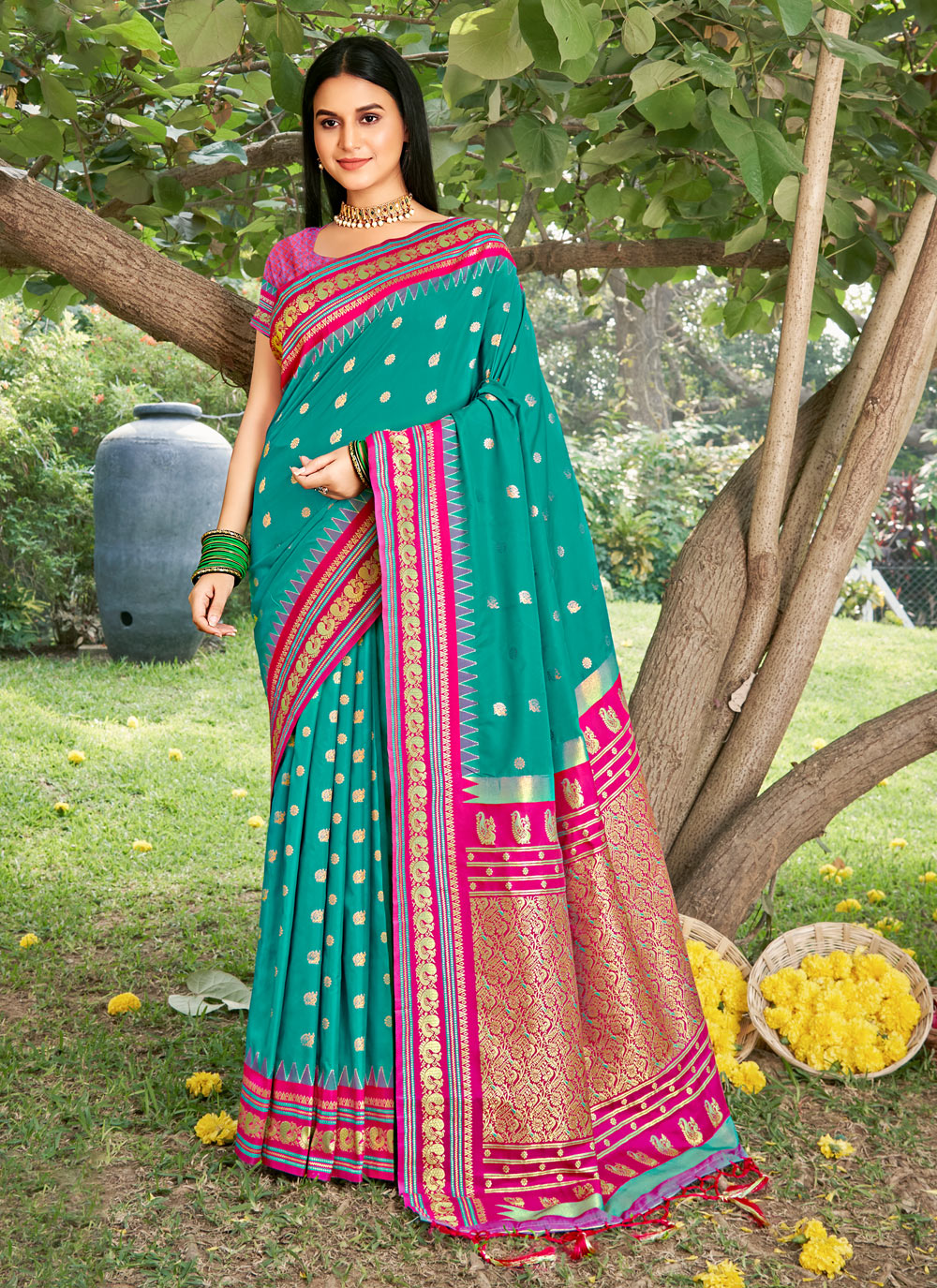 Sea Green Pink Woven Soft Silk Saree