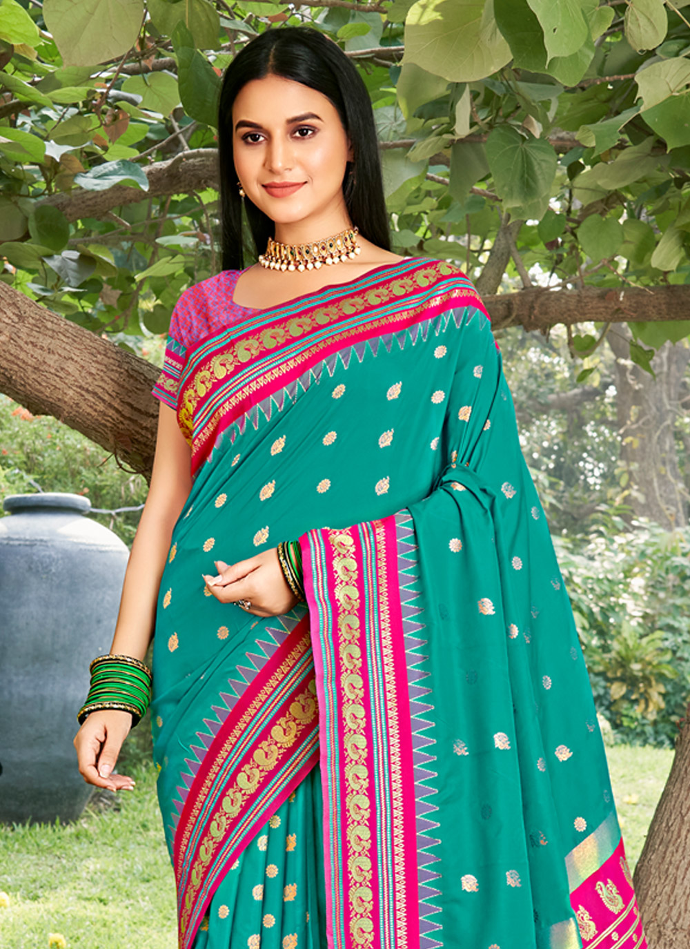 Sea Green Pink Woven Soft Silk Saree — alternate view
