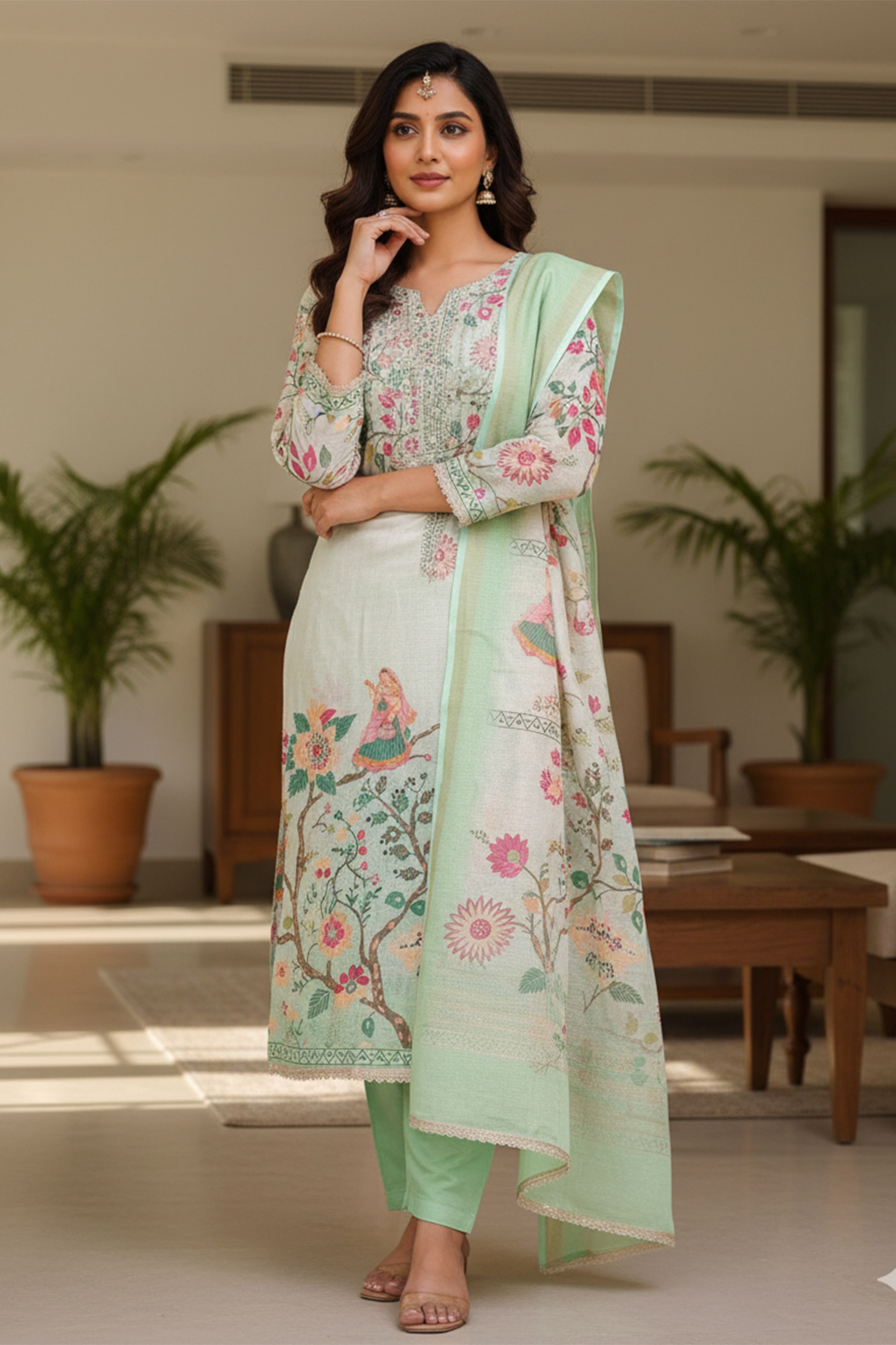 Sea Green Printed Linen Cotton Salwar Suit