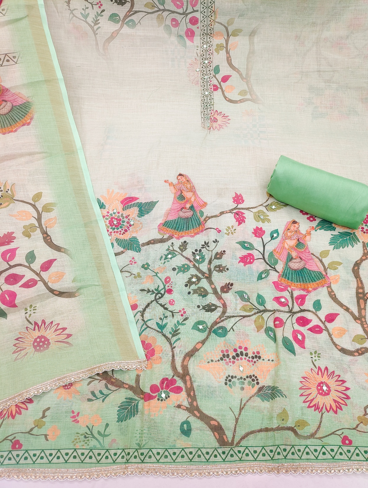 Sea Green Printed Linen Cotton Salwar Suit — alternate view