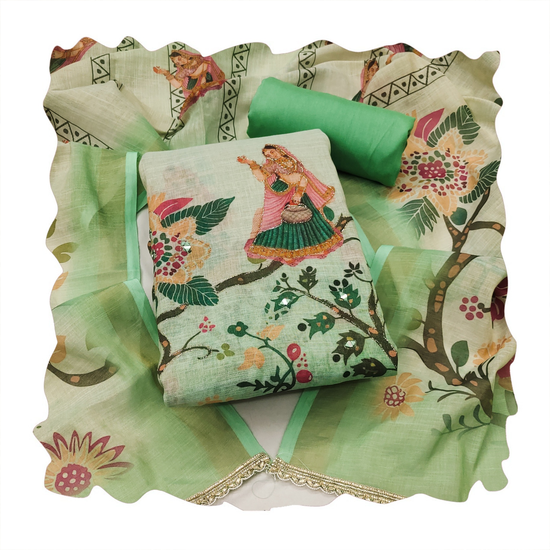 Sea Green Printed Linen Cotton Salwar Suit