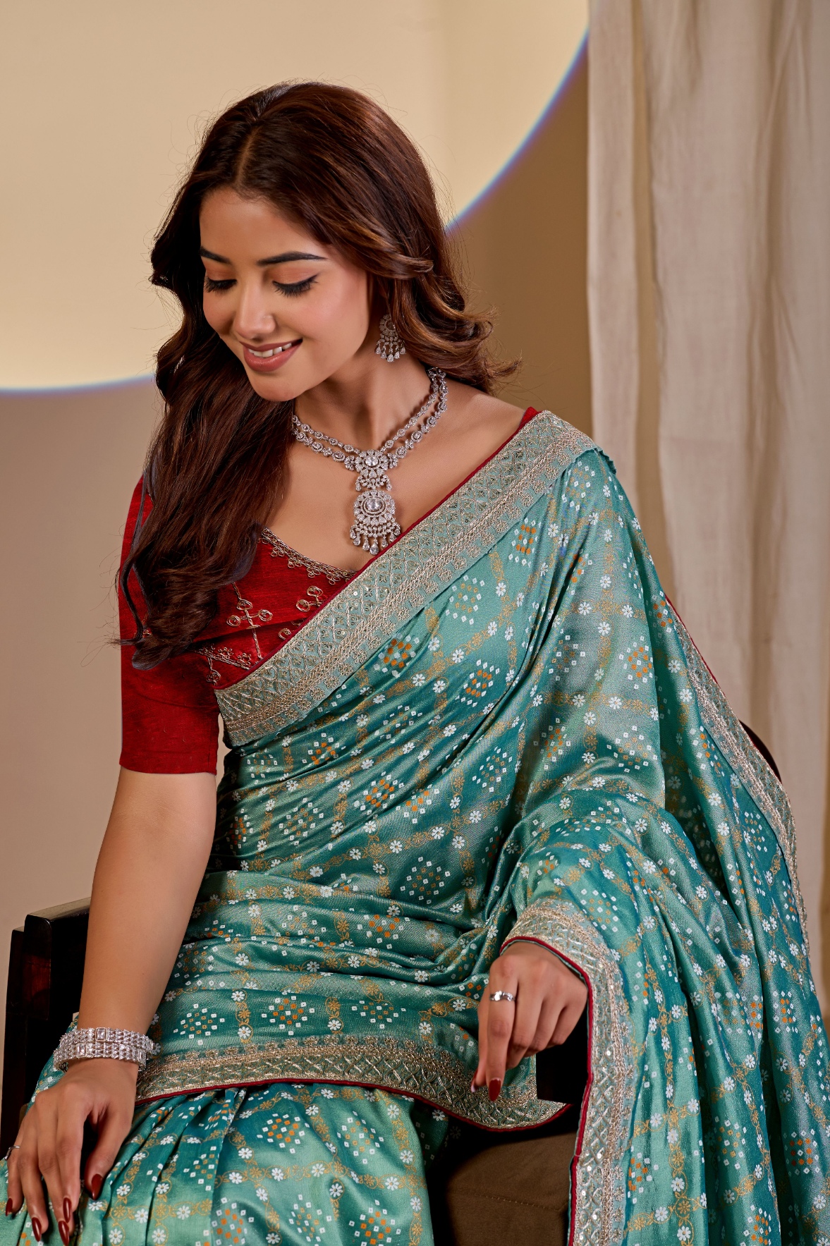 Sea Green Printed Vichitra Saree