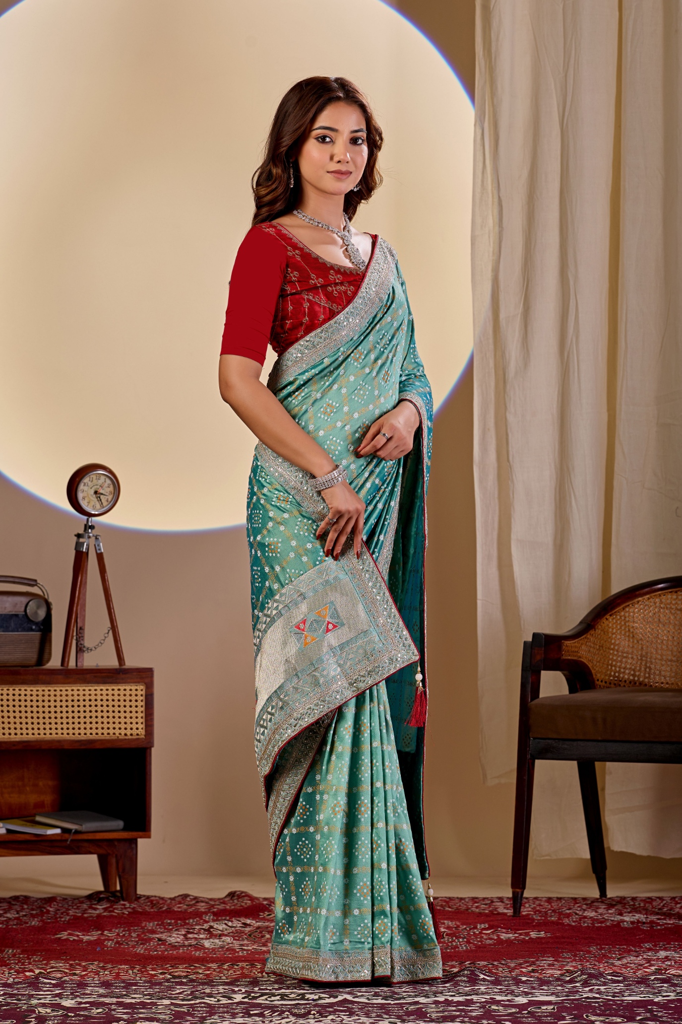 Sea Green Printed Vichitra Saree