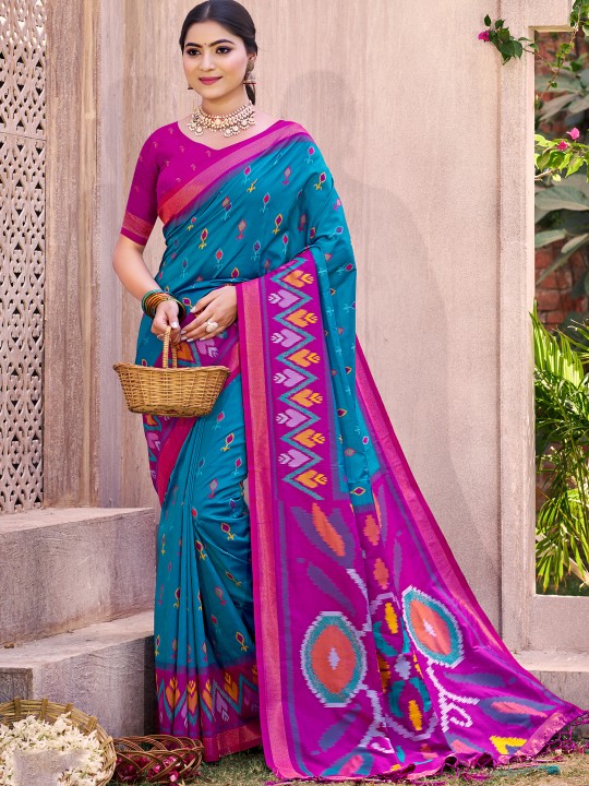 Sea Green Purple Pochampalli Silk Saree