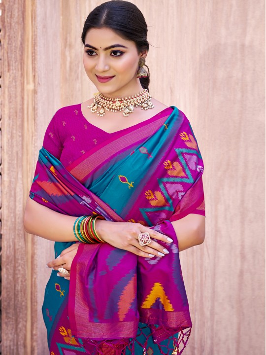 Sea Green Purple Pochampalli Silk Saree