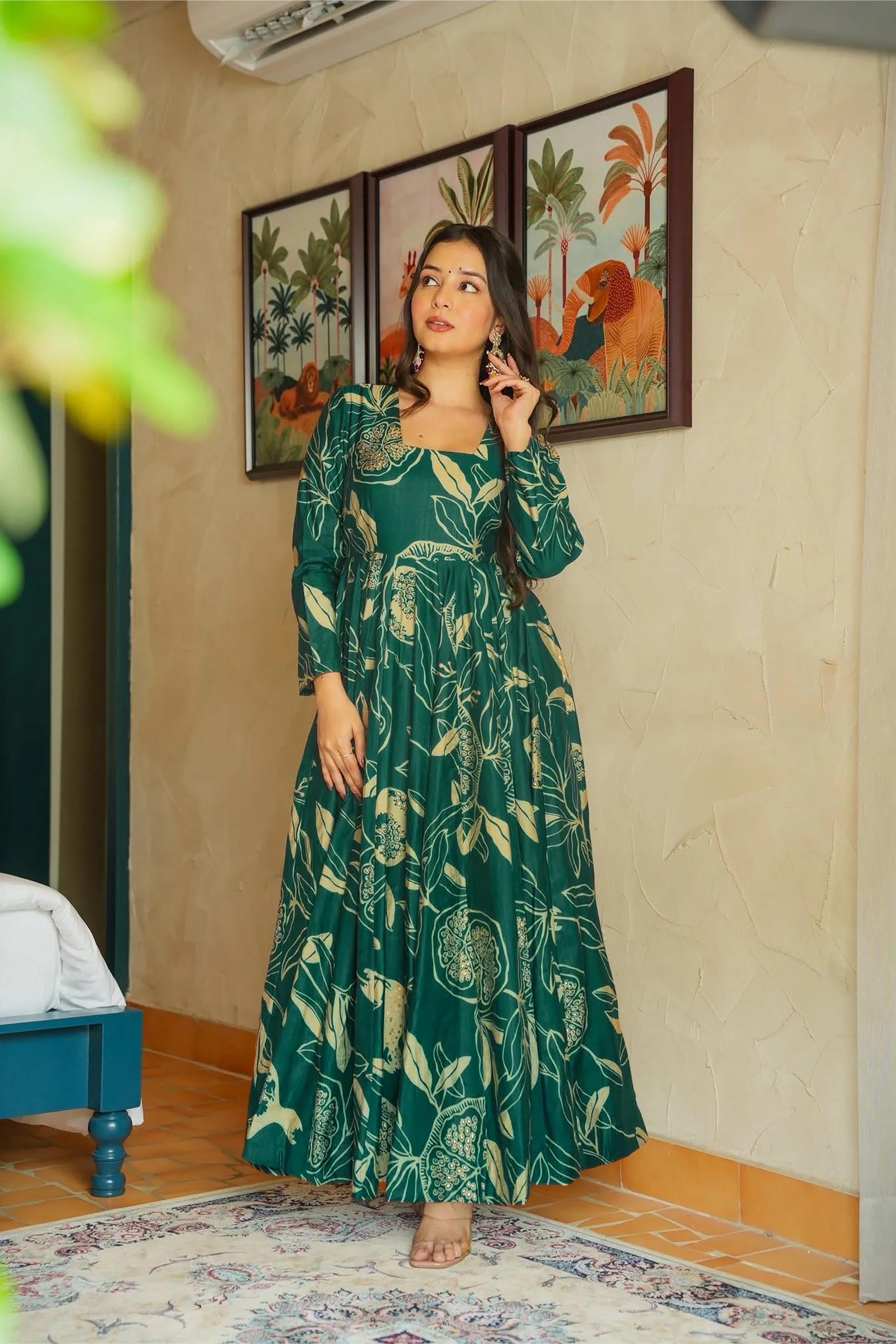 Sea Green Rayon Digital Printed Gown