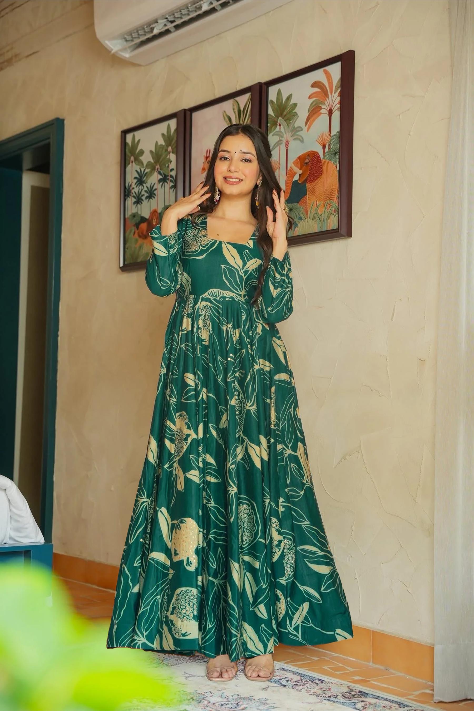Sea Green Rayon Digital Printed Gown