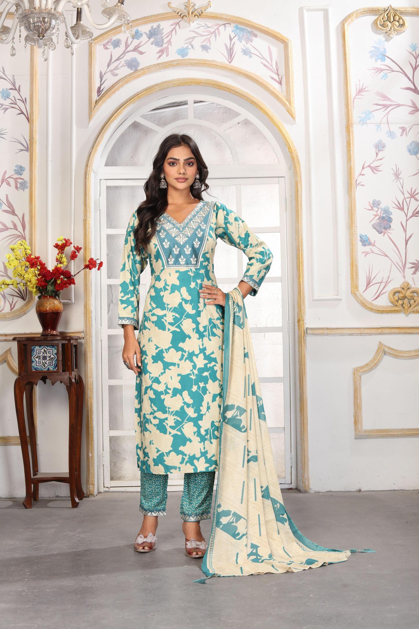 Sea Green Rayon Readymade Suits