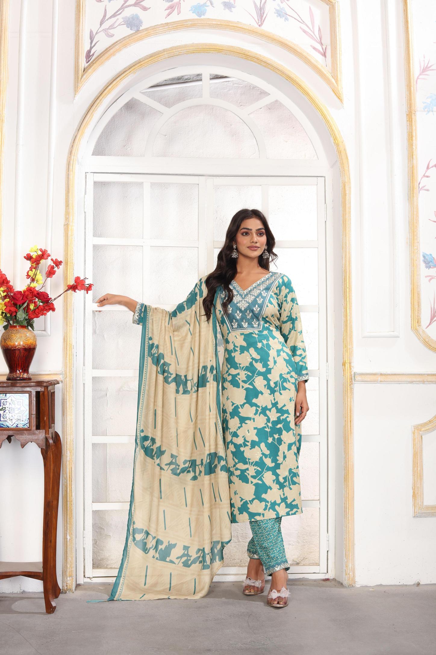 Sea Green Rayon Readymade Suits
