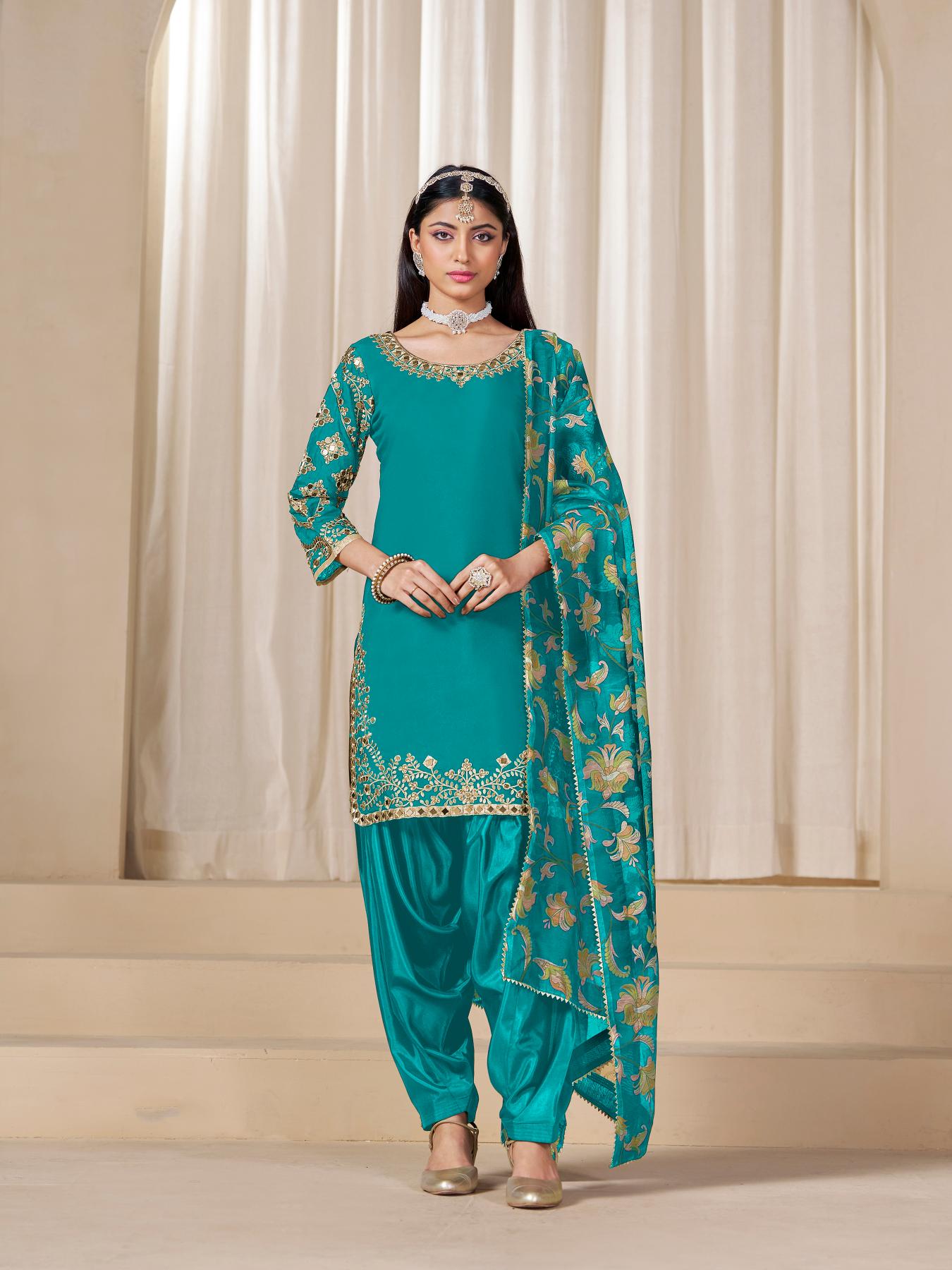 Sea Green Roman Silk Patiala Suit