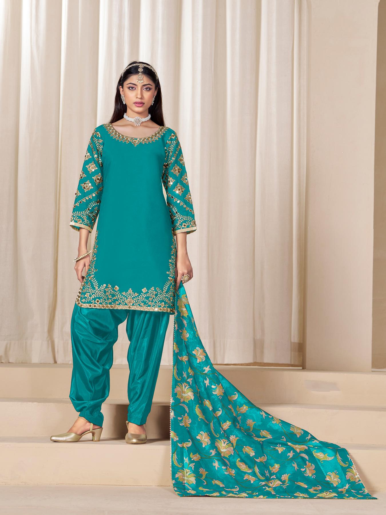 Sea Green Roman Silk Patiala Suit
