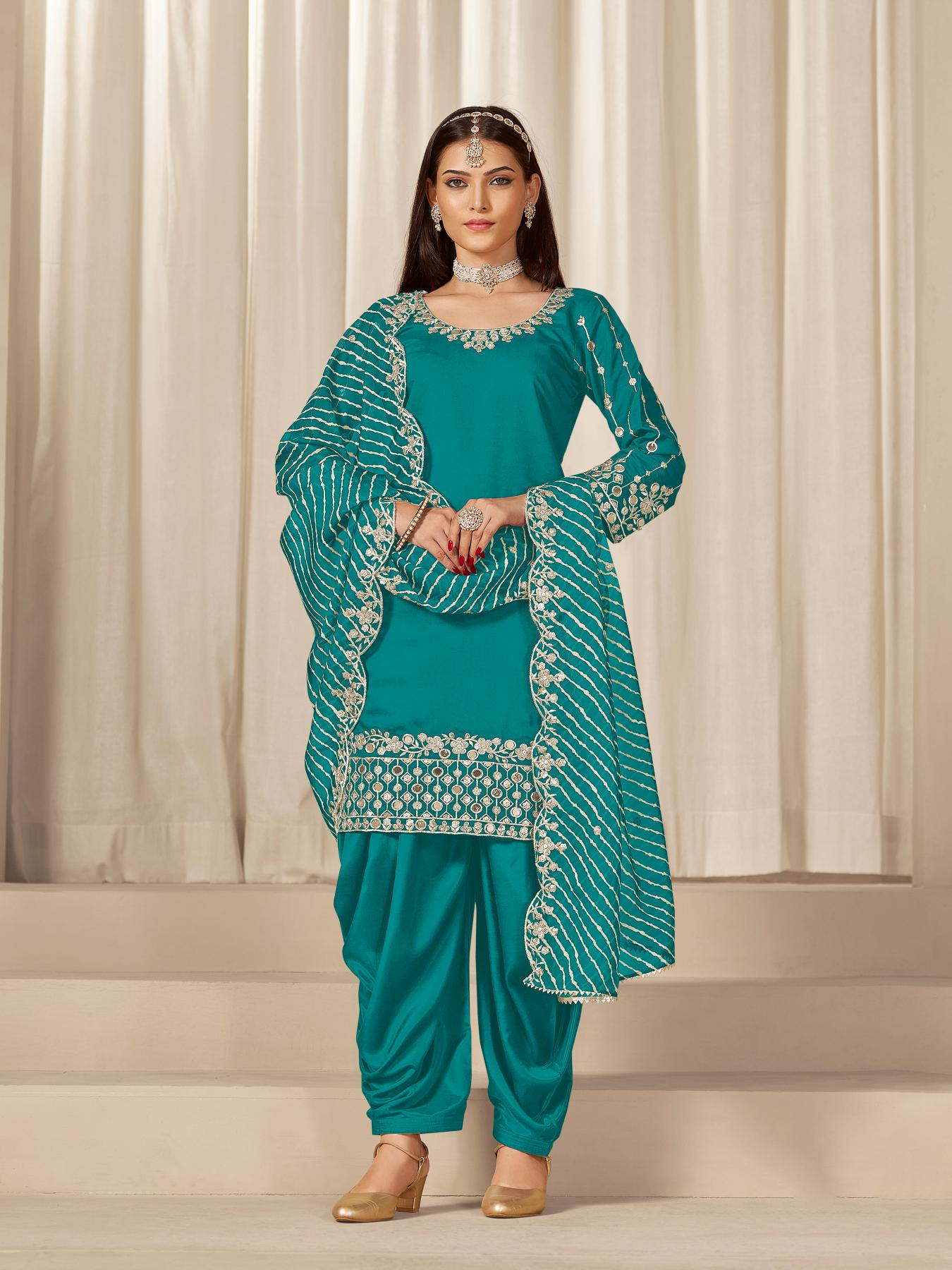 Sea Green Roman Silk Salwar Suits