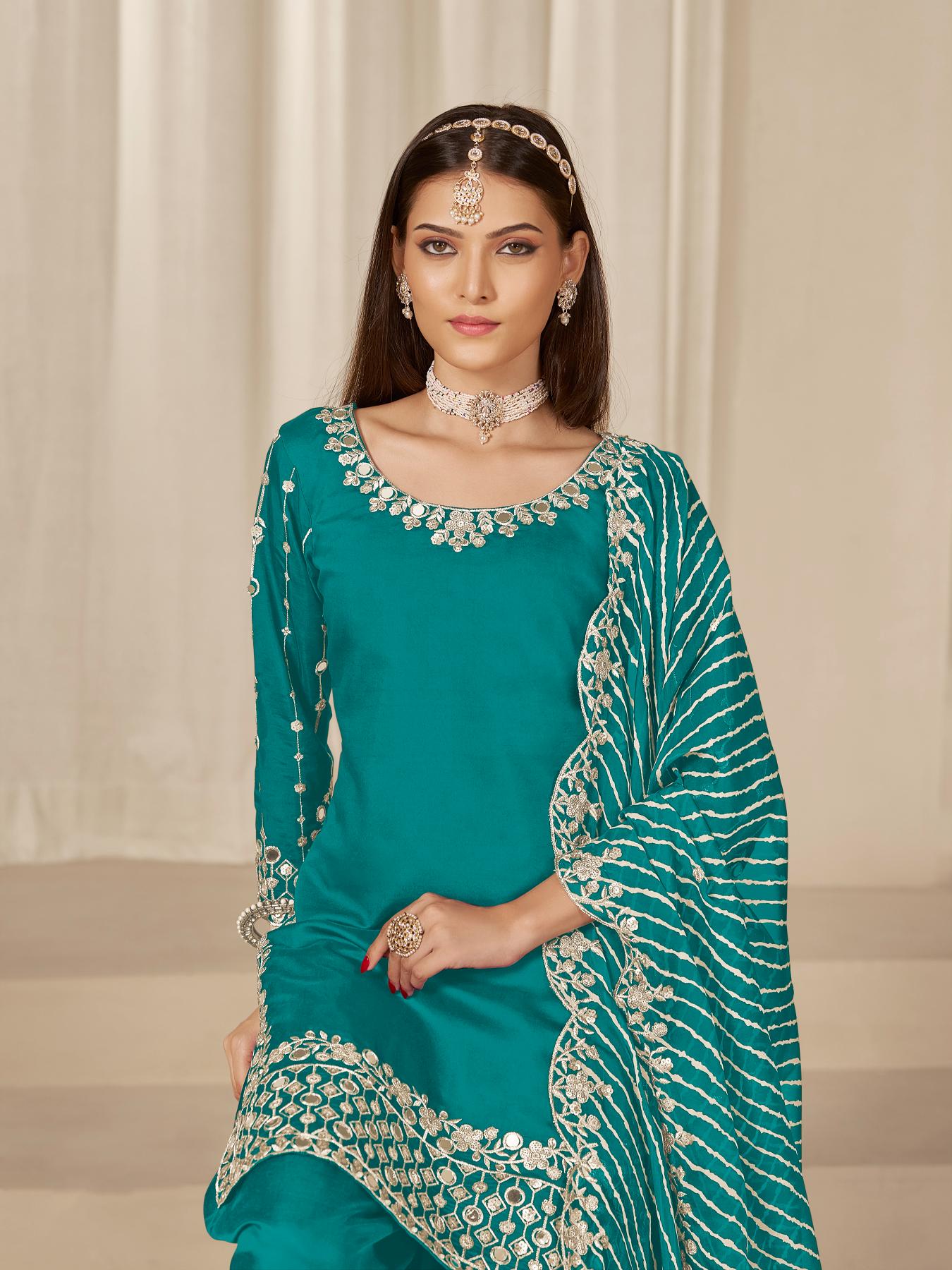 Sea Green Roman Silk Salwar Suits