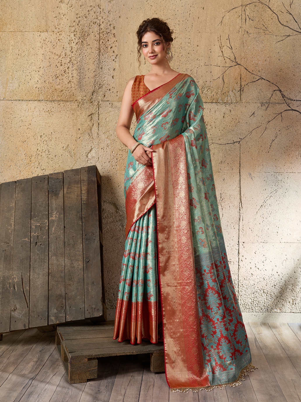 Sea Green Rust Floral Woven Soft Silk Designer Saree