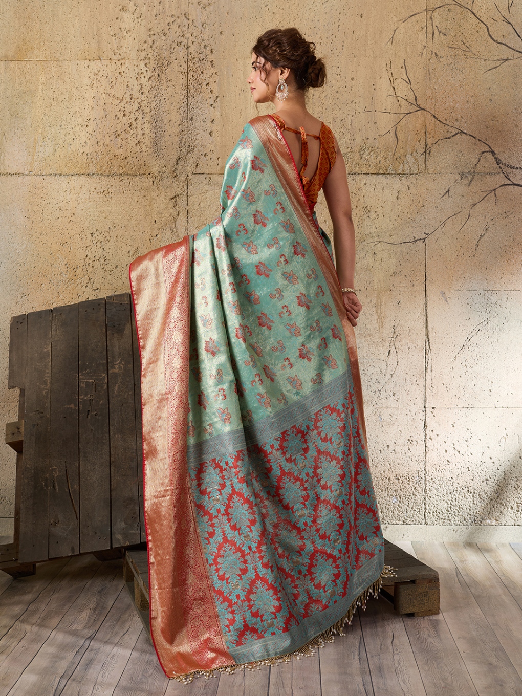 Sea Green Rust Floral Woven Soft Silk Designer Saree — alternate view