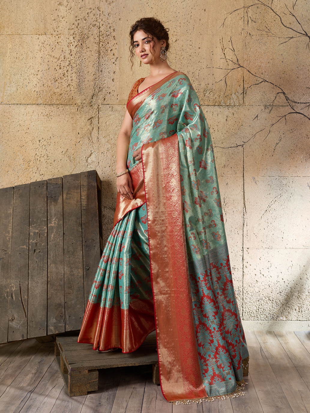 Sea Green Rust Floral Woven Soft Silk Designer Saree
