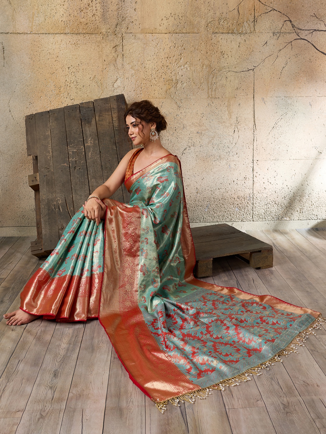 Sea Green Rust Floral Woven Soft Silk Designer Saree