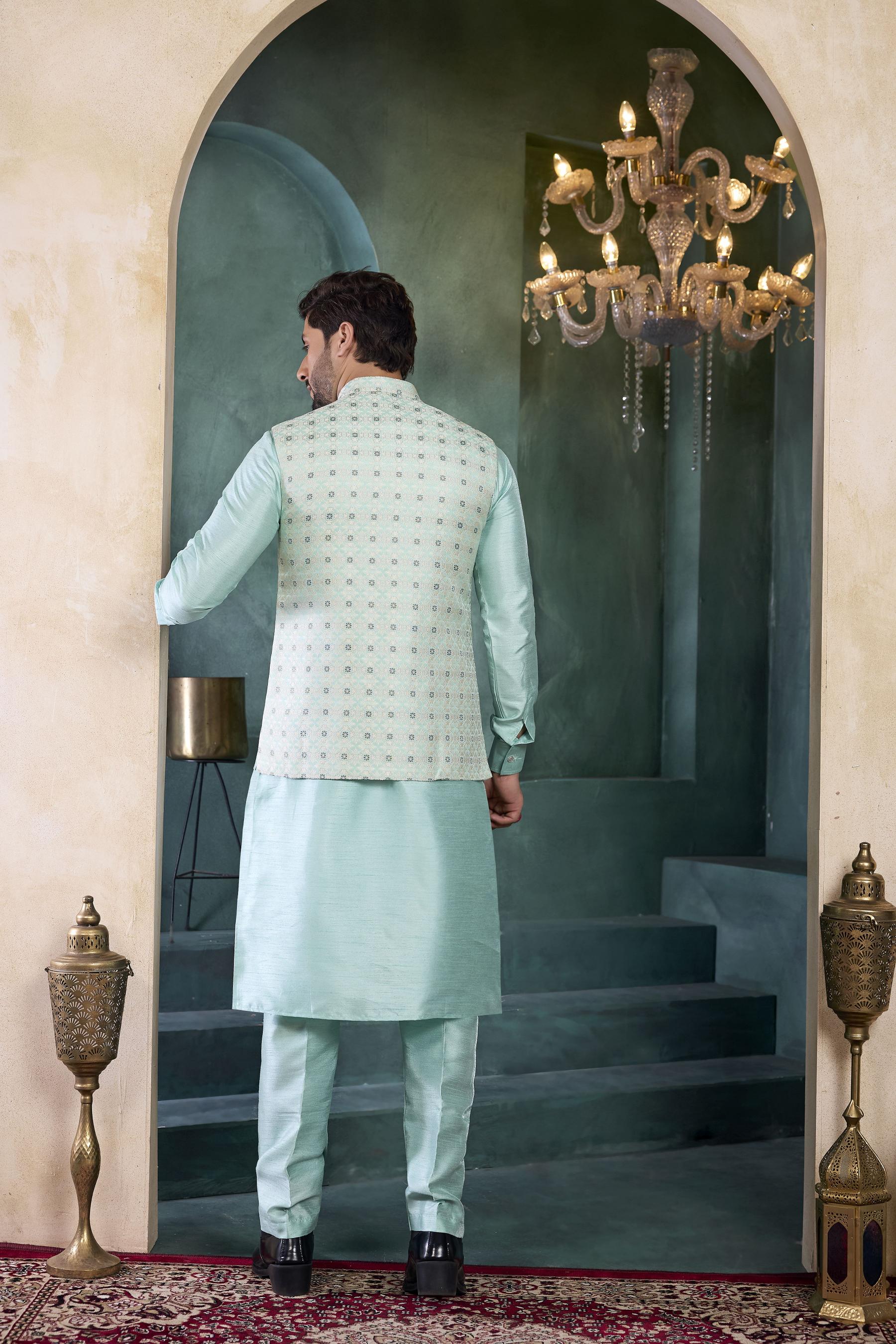 Sea Green Sea Green Banarasi Silk Kurta Pyjama — alternate view