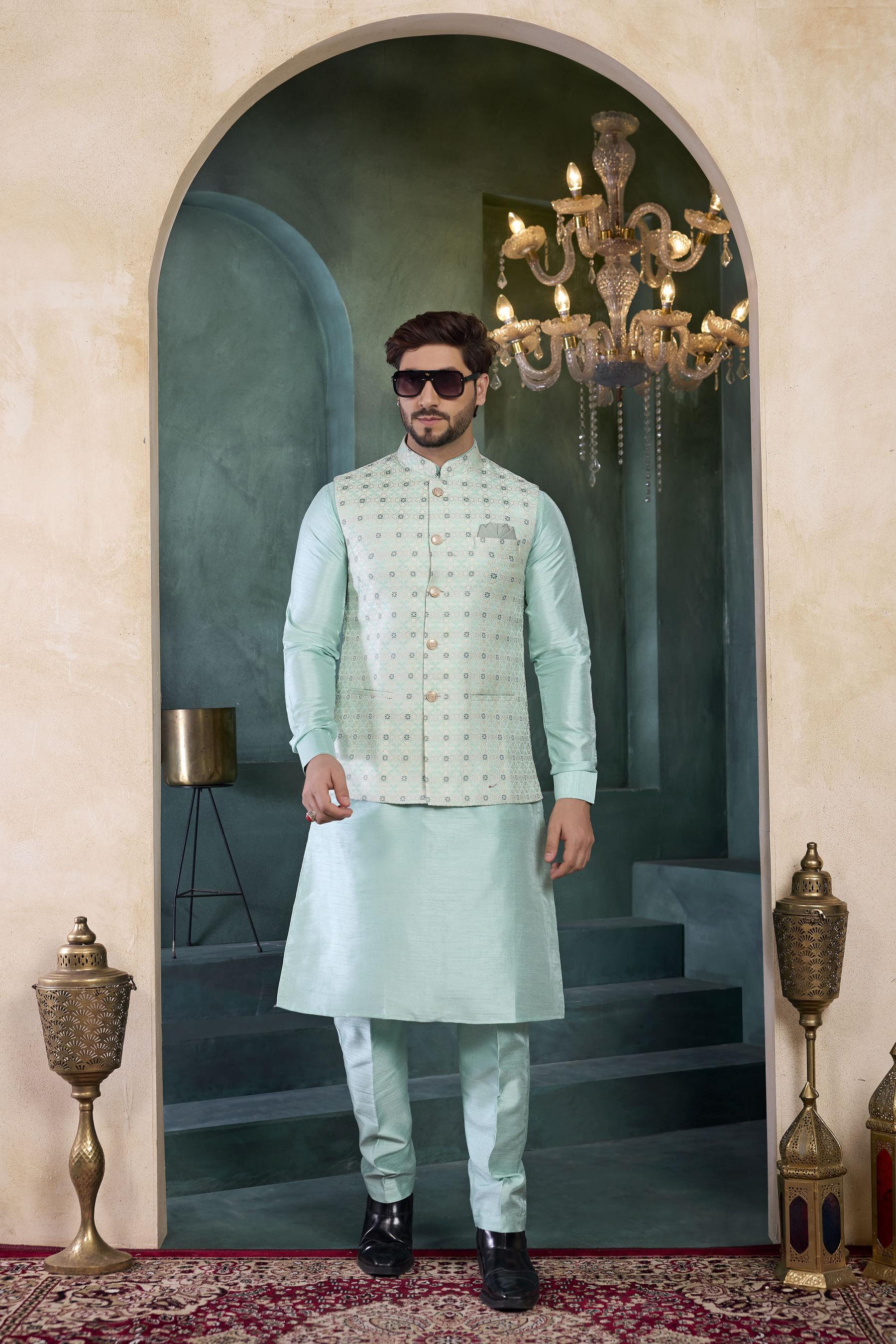 Sea Green Sea Green Banarasi Silk Kurta Pyjama