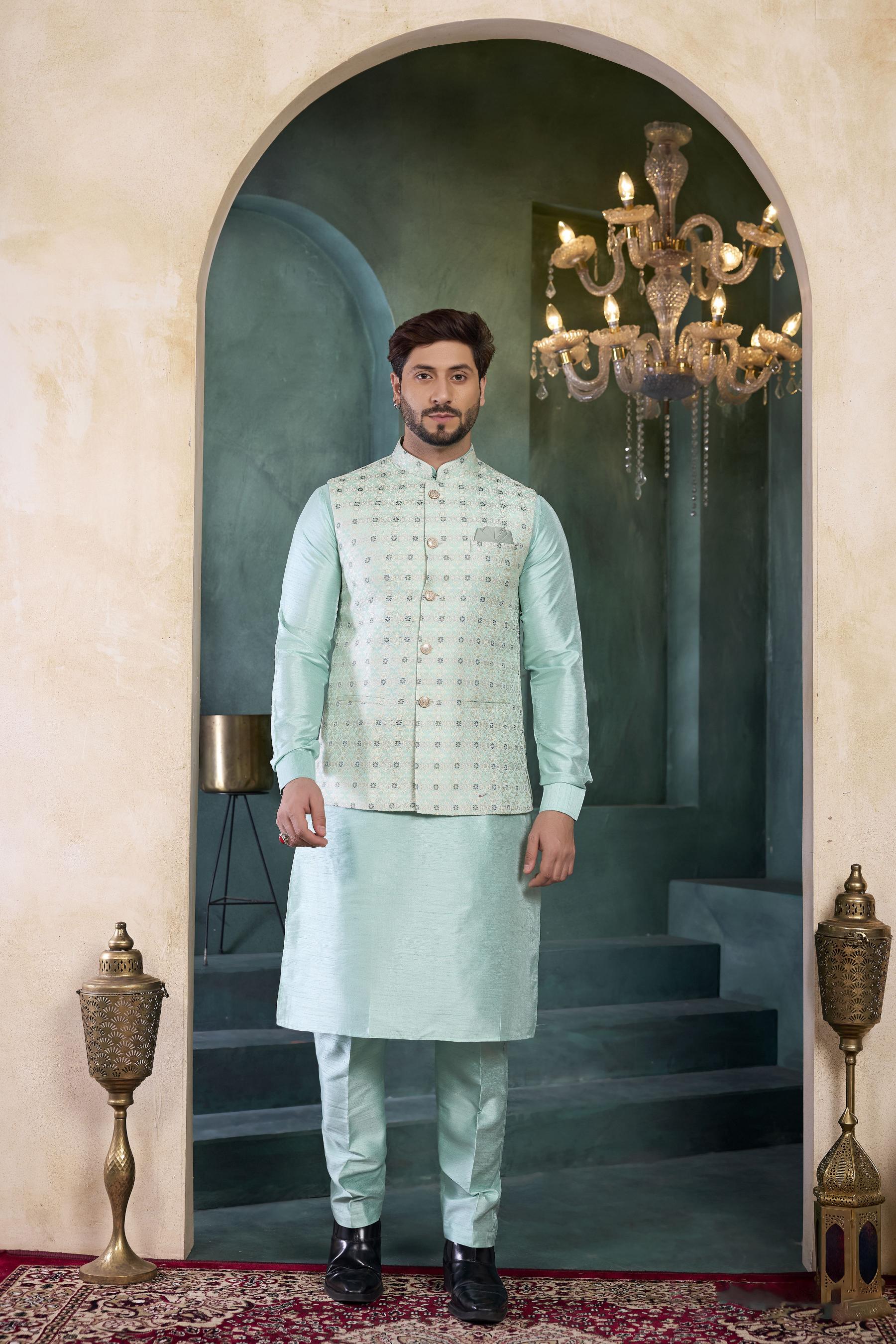 Sea Green Sea Green Banarasi Silk Kurta Pyjama