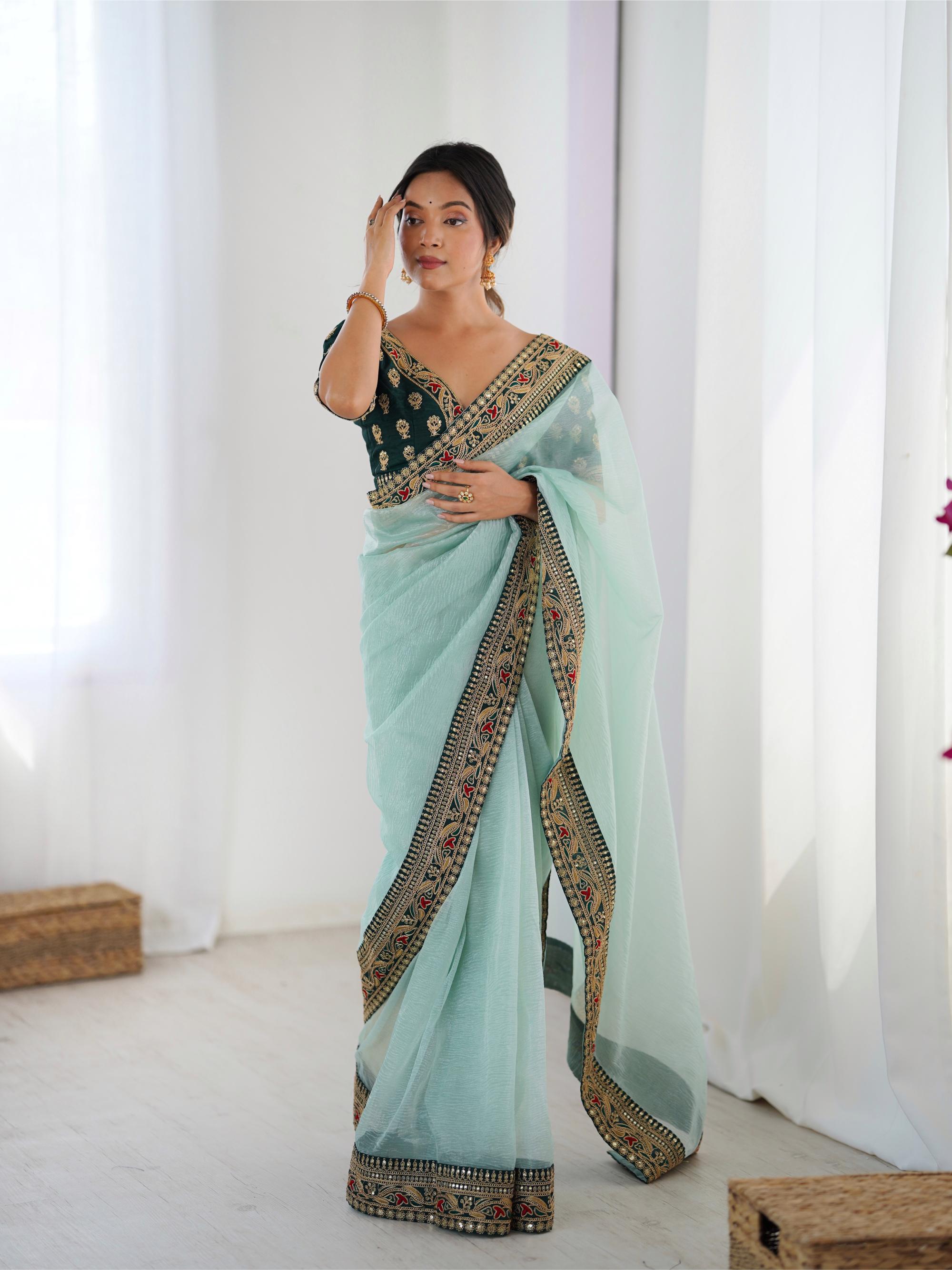 Sea Green Sequin Embroidered Banarasi Crush Saree