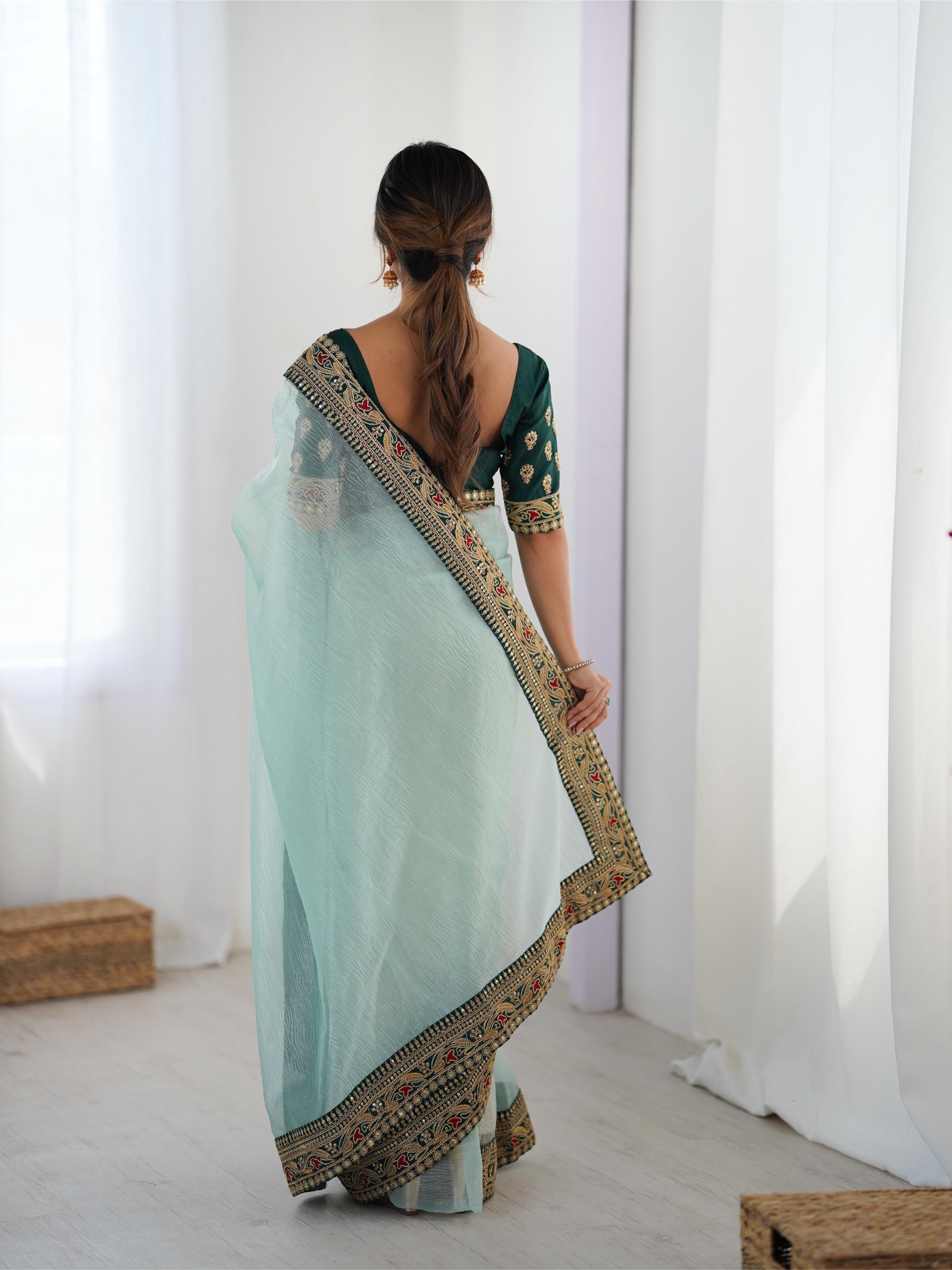 Sea Green Sequin Embroidered Banarasi Crush Saree — alternate view