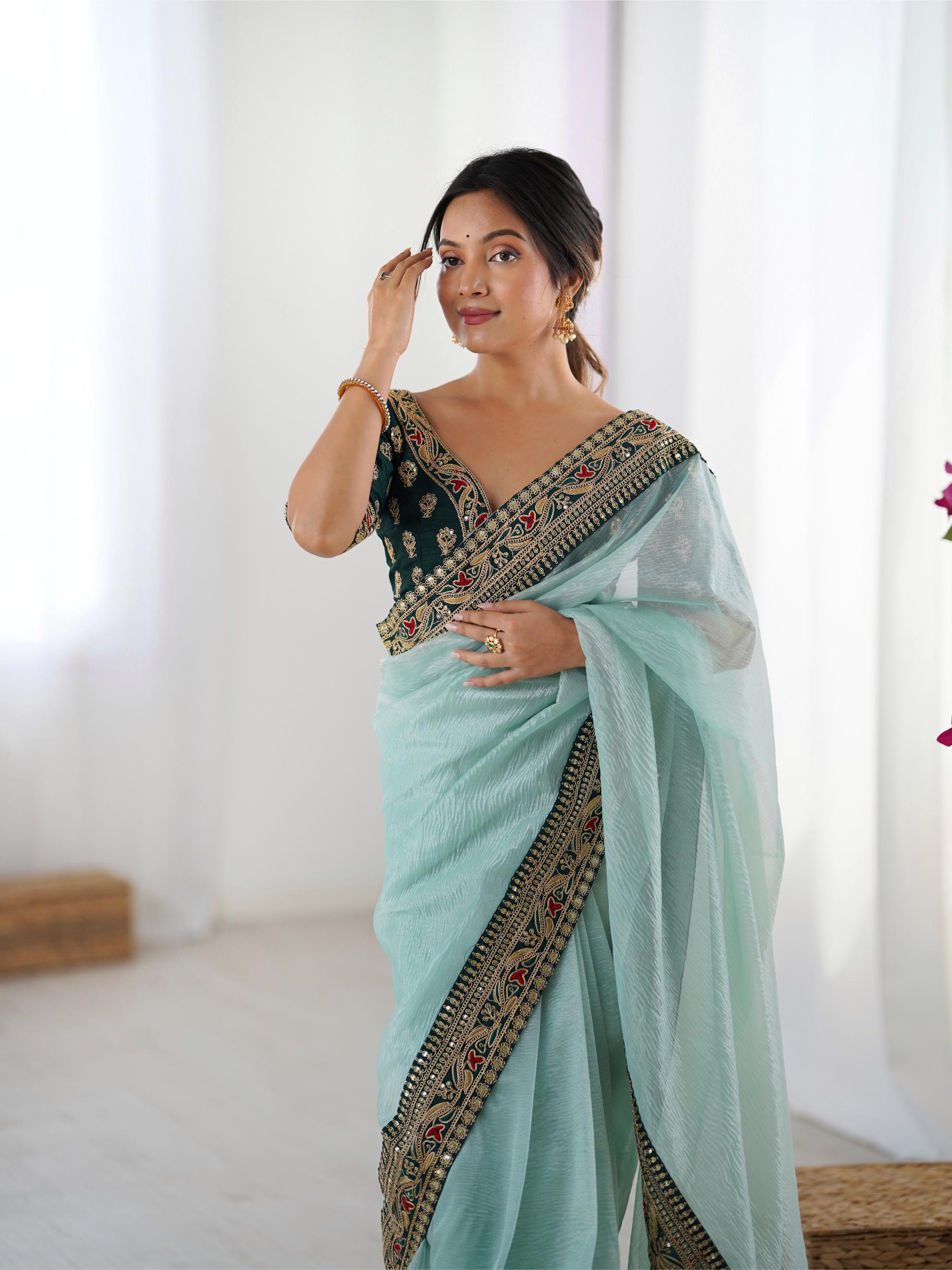 Sea Green Sequin Embroidered Banarasi Crush Saree