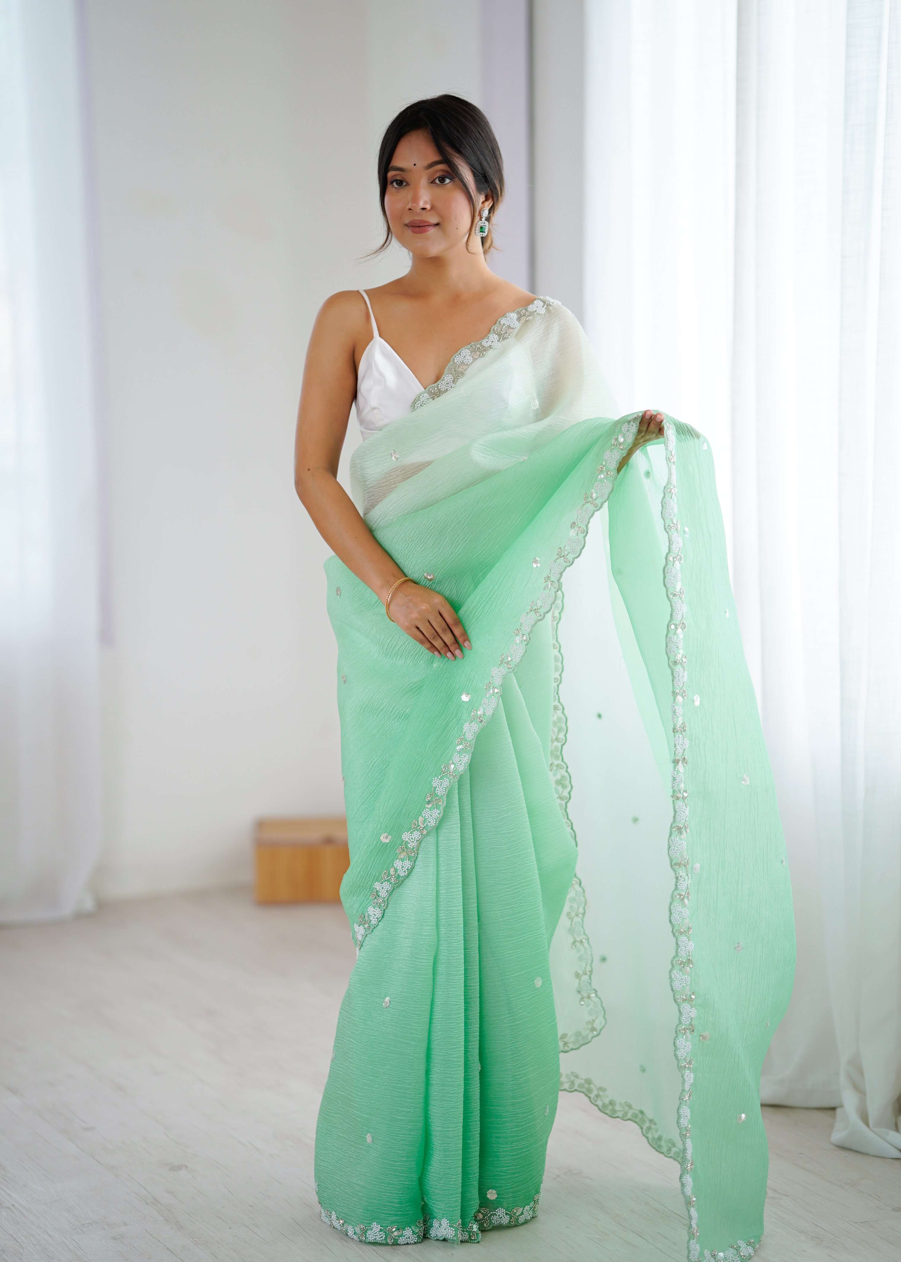 Sea Green Shaded Crush Sequin N Moti Cut Work Chiffon Saree