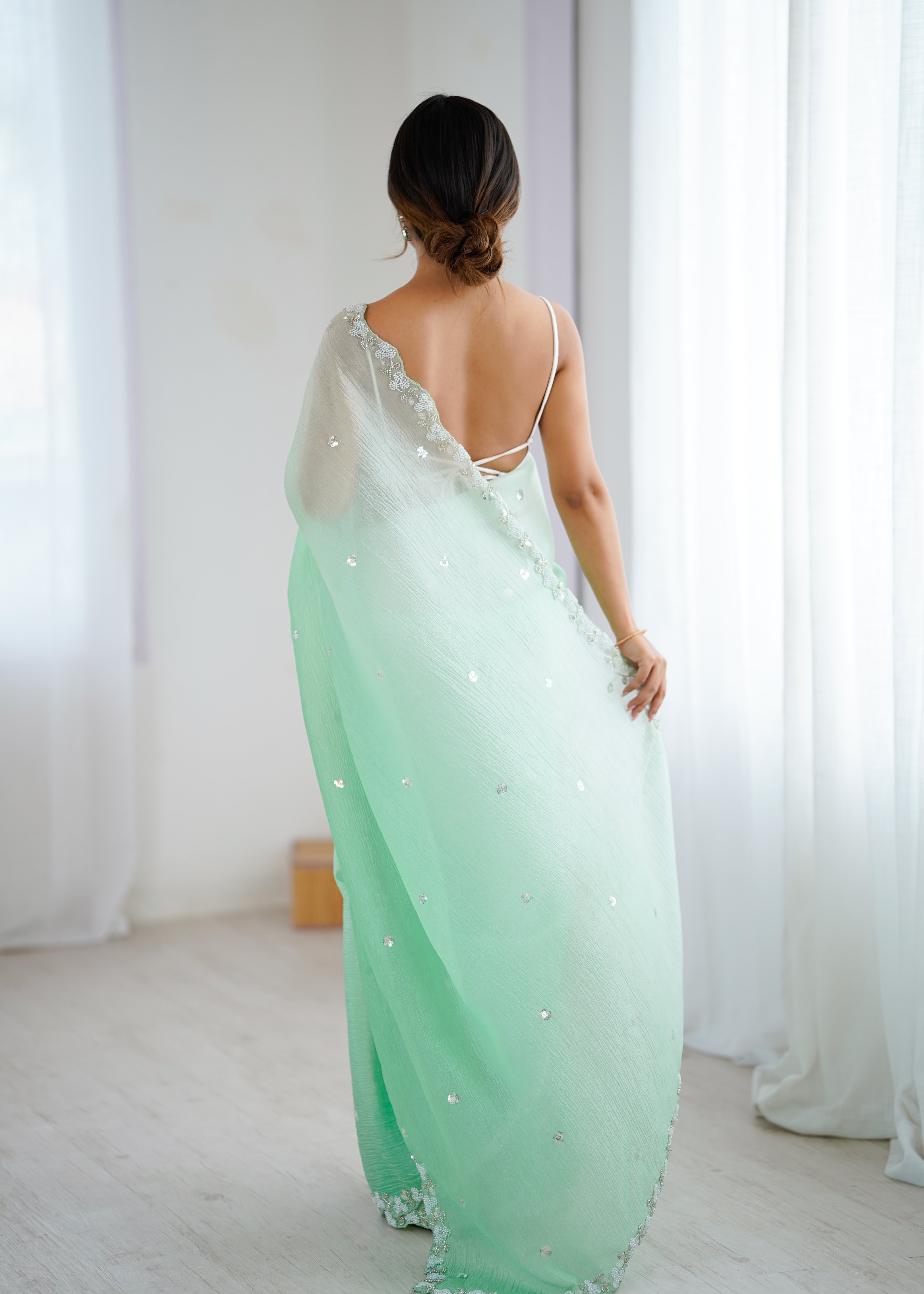 Sea Green Shaded Crush Sequin N Moti Cut Work Chiffon Saree — alternate view
