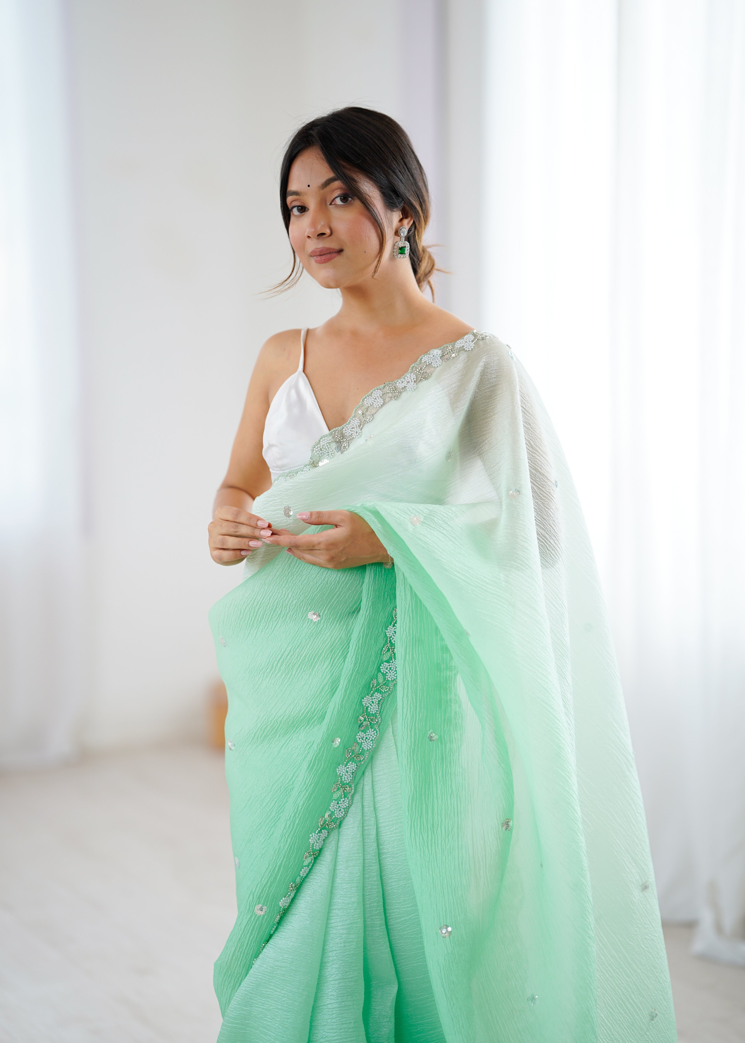 Sea Green Shaded Crush Sequin N Moti Cut Work Chiffon Saree