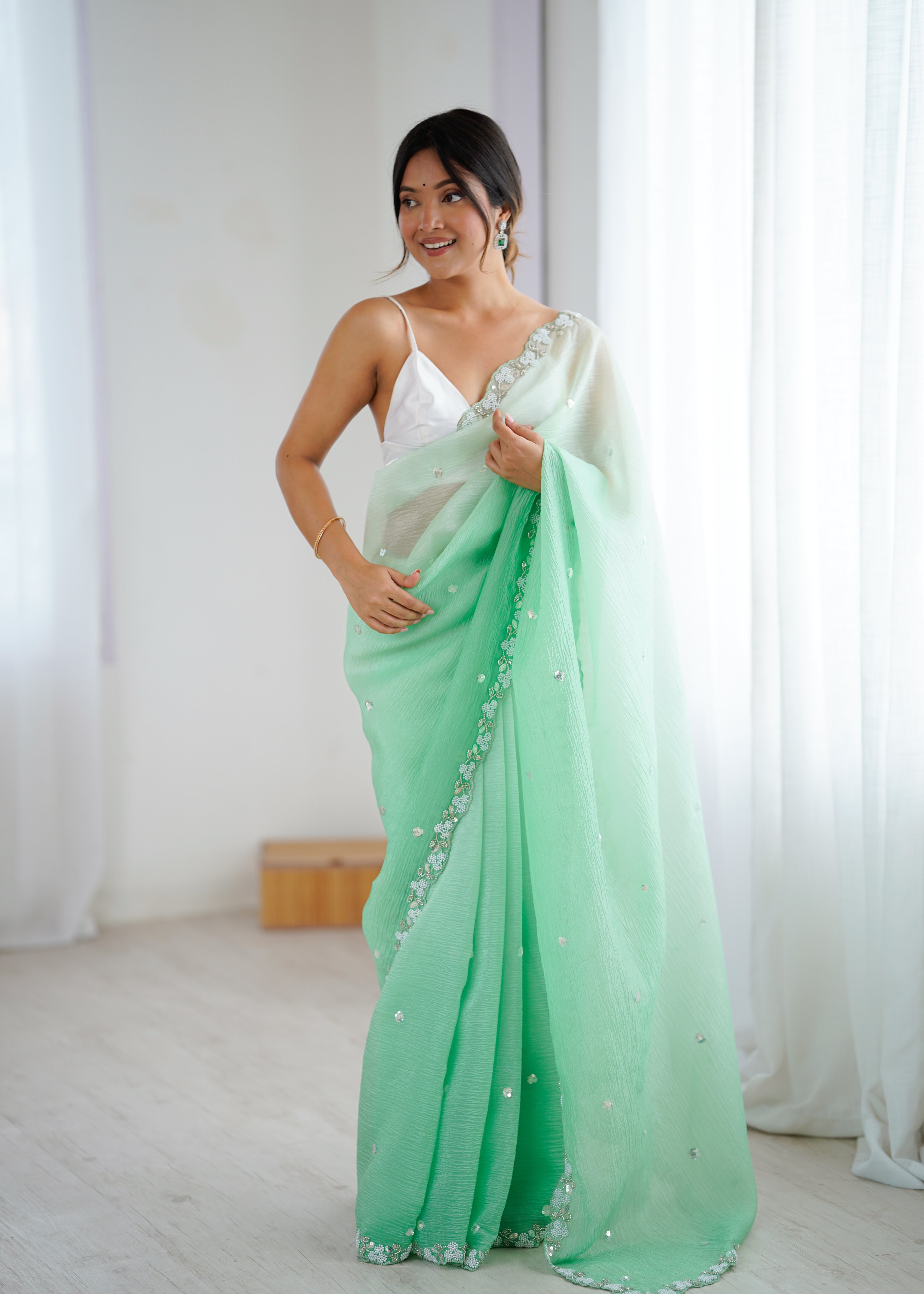 Sea Green Shaded Crush Sequin N Moti Cut Work Chiffon Saree