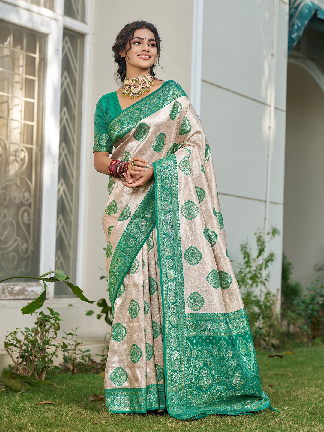 Sea Green Silk Blend Woven Designer Saree
